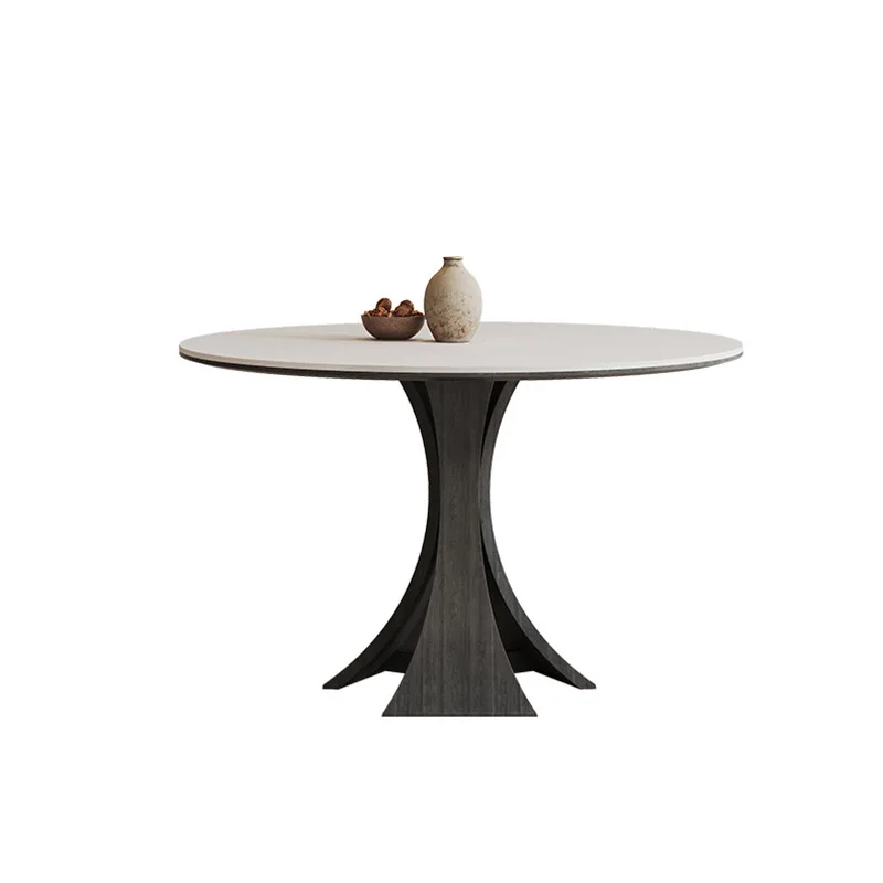 

French retro solid wood dining table household black round modern simple pure white Deli Feng rock slab dining table