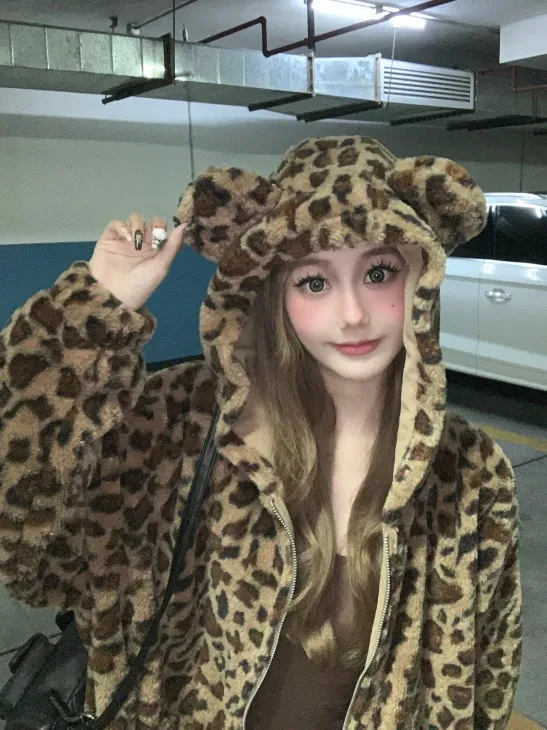 Leopard Print Plush Coat Autumn Winter New Fashion Bear Ears Preppy Style Thick Sweet Cute Cotton Clothing Kawaii Warm Jackets