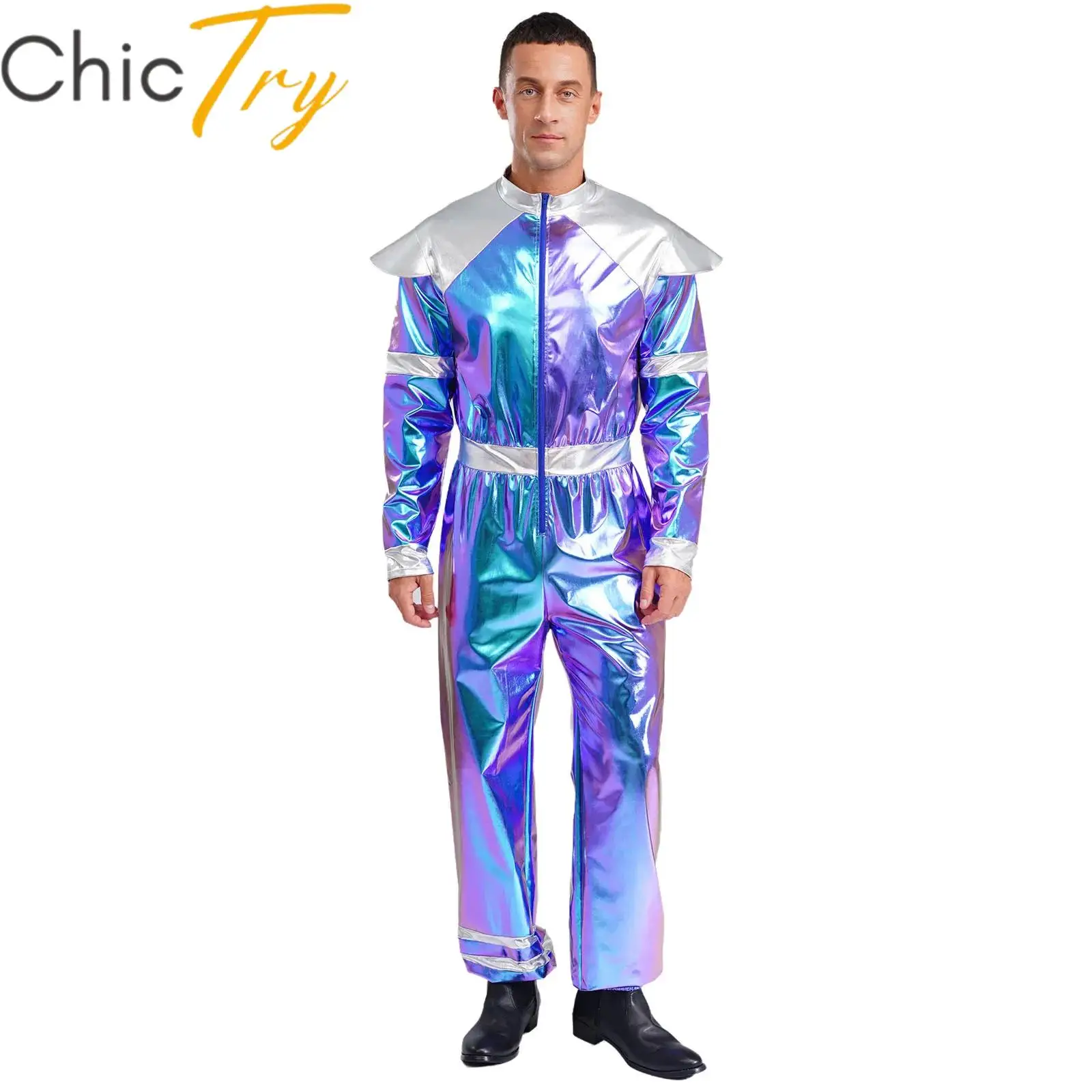 

Mens Outer Space Alien Costume Halloween Cosplay Long Sleeves Jumpsuit Deluxe Shiny Metallic Robot Outfits Carnival Dress Up