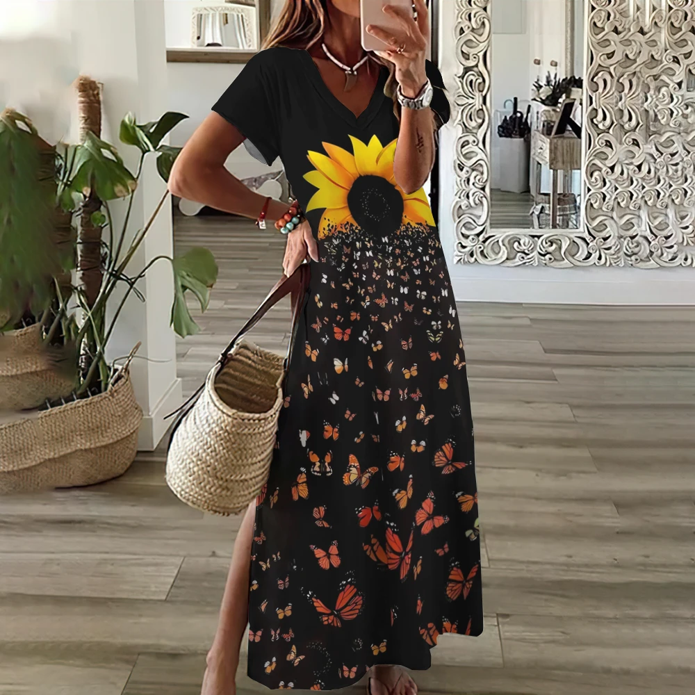 Vestidos con estampado de girasoles y letras para mujer, talla grande, elegantes, Midi, manga corta, verano 2024