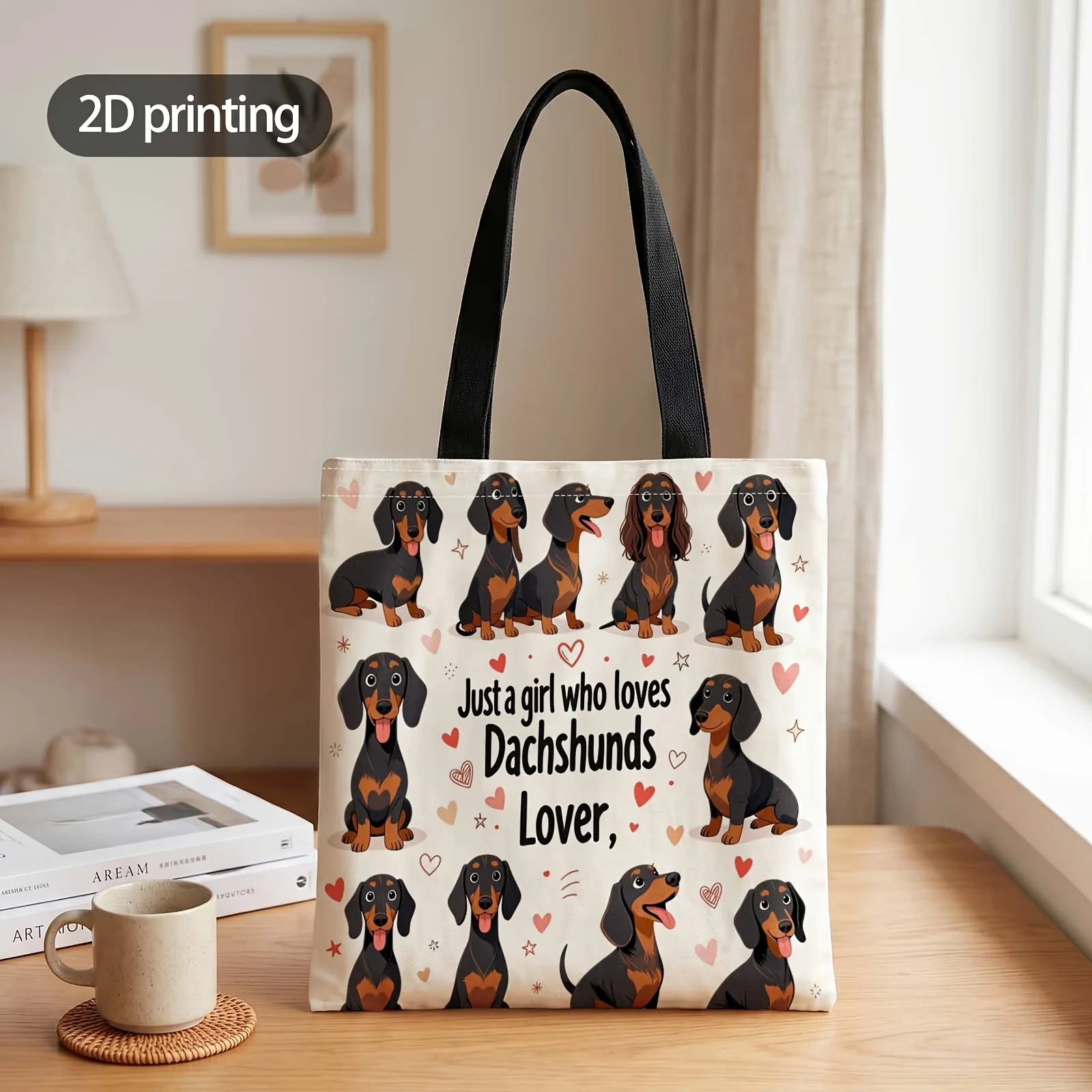 1pc 2D Printed Handbag with Dachshund Obsessed Heart Pattern, Reusable Fashion Shoulder Bag Handbag Shopping Tote Bag Suitable f