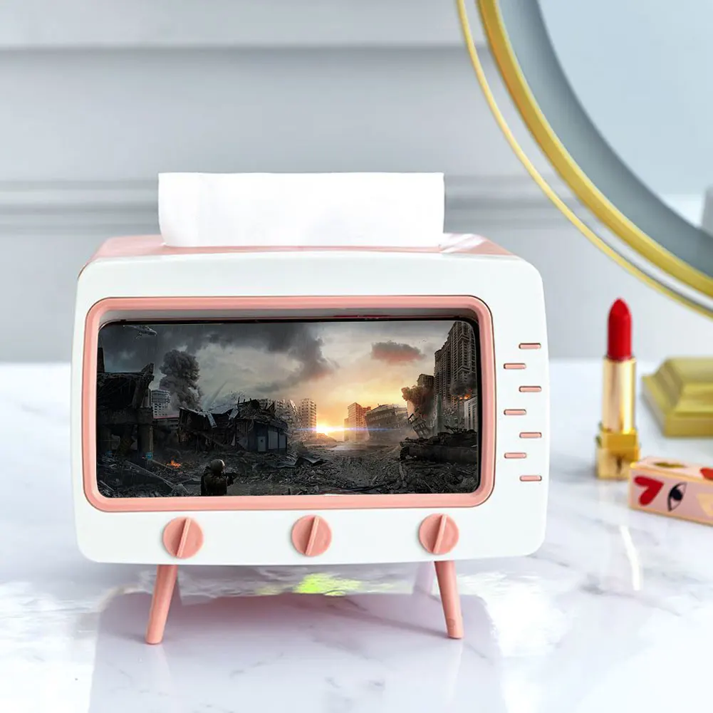 Desktop Paper Holder with Mobile Phone Stand Kawaii Tissue Box Dispenser Creative Multifunctional for Living Room Night Stand