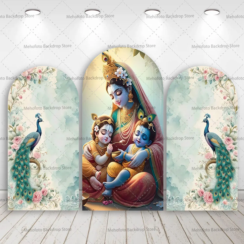 Mehofond personalizado 2 lados índia yashoda e krishna pavão crianças aniversário chá de bebê capa chiara arco fundo decoração pano de fundo
