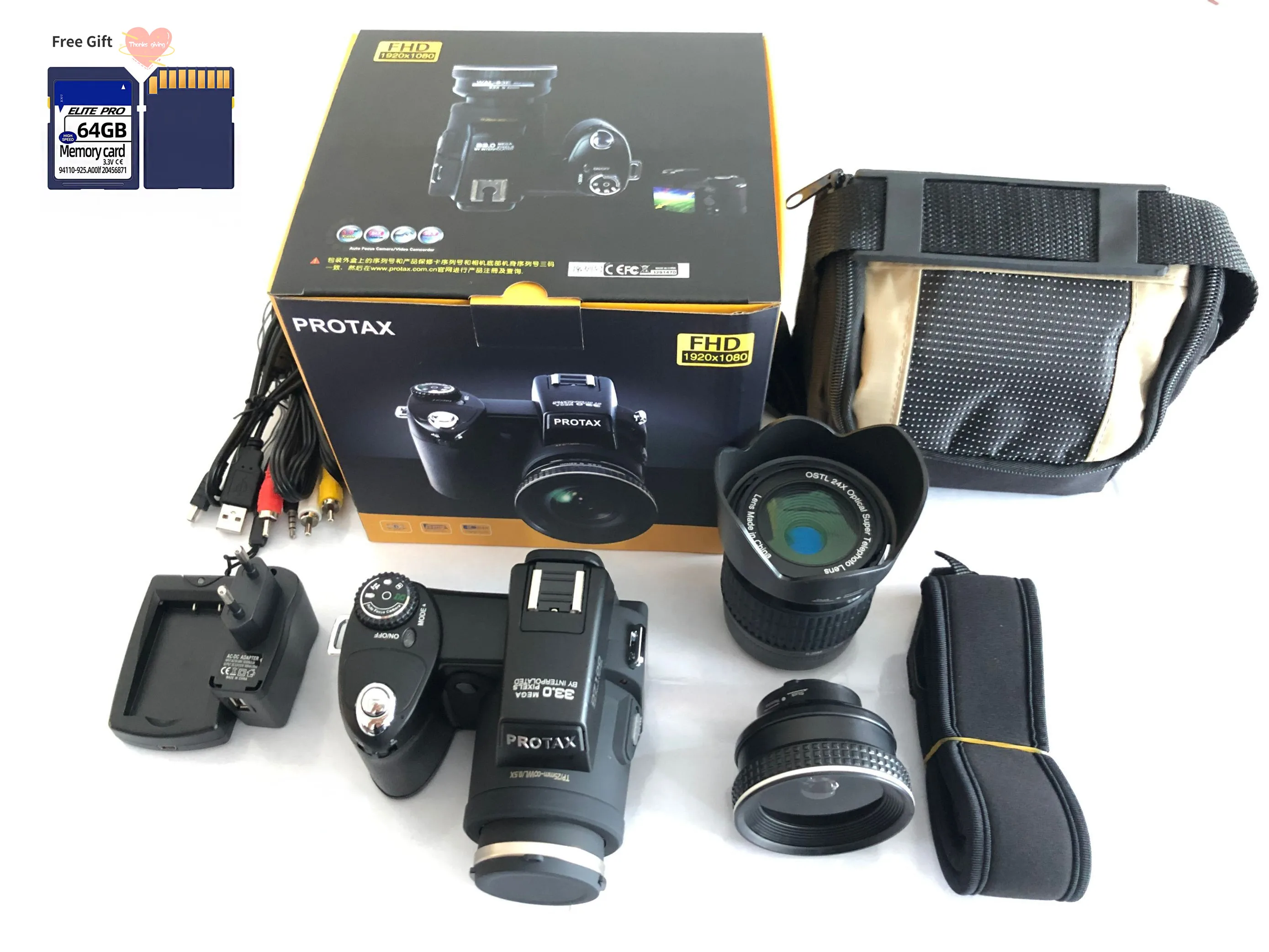 2024 PROTAX D7100 Digital Camera 33MP FHD DSLR Half-Professional Telephoto & Wide Angle Lens sets with Free Gift 64GB SD card