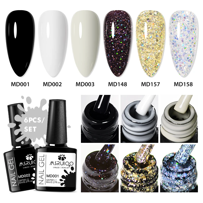MSRUIOO 6 Pz/set Smalto Per Unghie Gel Bianco Nero Oro Glitter Semi Permanente Unghie Artistiche Vernice Gel Manicure Per Unghie Unghie Forniture Per Unghie