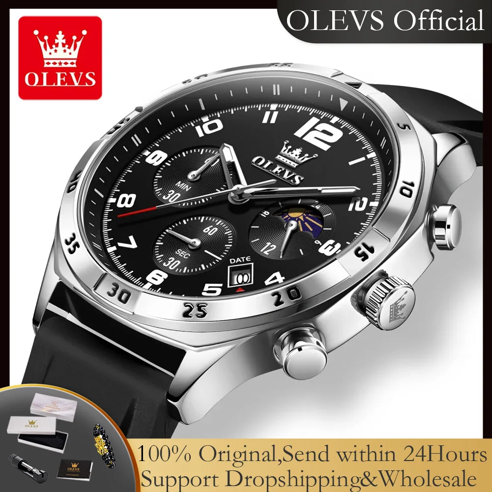 

Мужские часы OLEVS 2986 с силиконовым ремешком, хронографом, 24-часовым отображением времени, фазами луны, водонепроницаемые, кварцевые, роскошные оригинальные часы для мужчин.