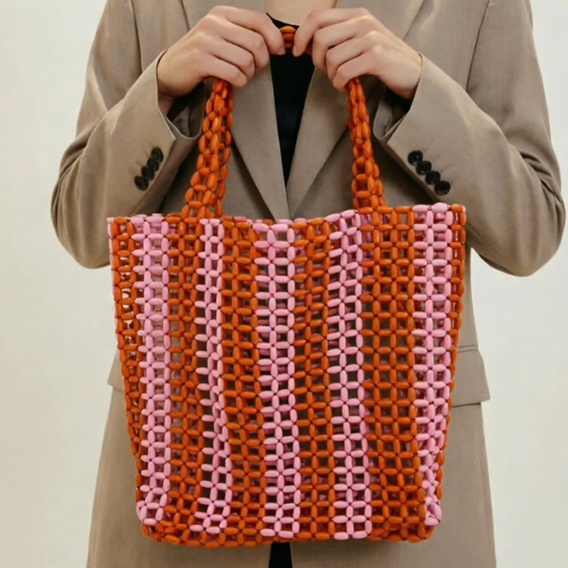 Contrasting-color Wooden Bead Shoulder Bag Handmade Woven Hollow-out Large Capacity Tote Bag Female Beach Bag  Fashionable