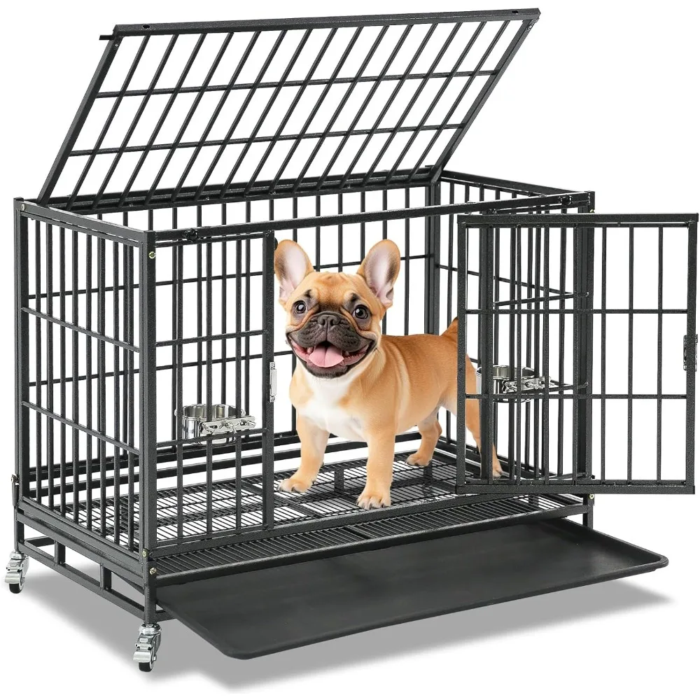 

37 inch Stackable Heavy Duty Dog Crate, Indestructible Escape Proof Dogs Cage Kennel with Lockable Wheels, Removable Tray & Met