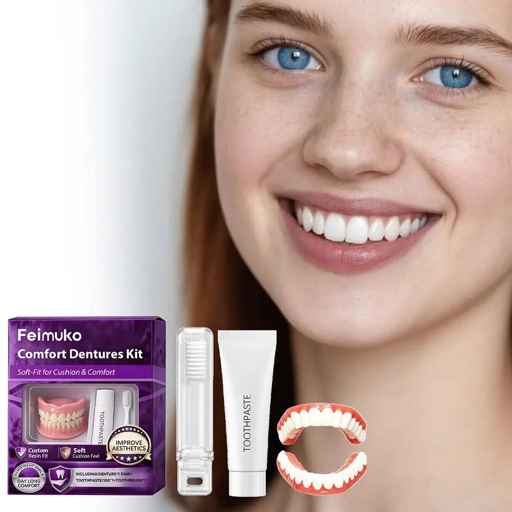 New Instant Smile Moldable Silicone Denture Kit, Natural Ivory Upper & Lower False Teeth With Toothbrush & Toothpaste