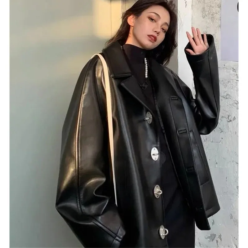 2025 Women Long Sleeves Leather Jacket Korean Lady Fashion PU Leather Outwear Spring Autumn Femme Solid Color Faux Leather Coat