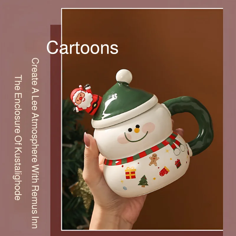 Creative Christmas Ceramic Cup with Lid Spoon Large Capacity Mugs Cartoon Holiday Gift Water Cup for Students, Friends, Office