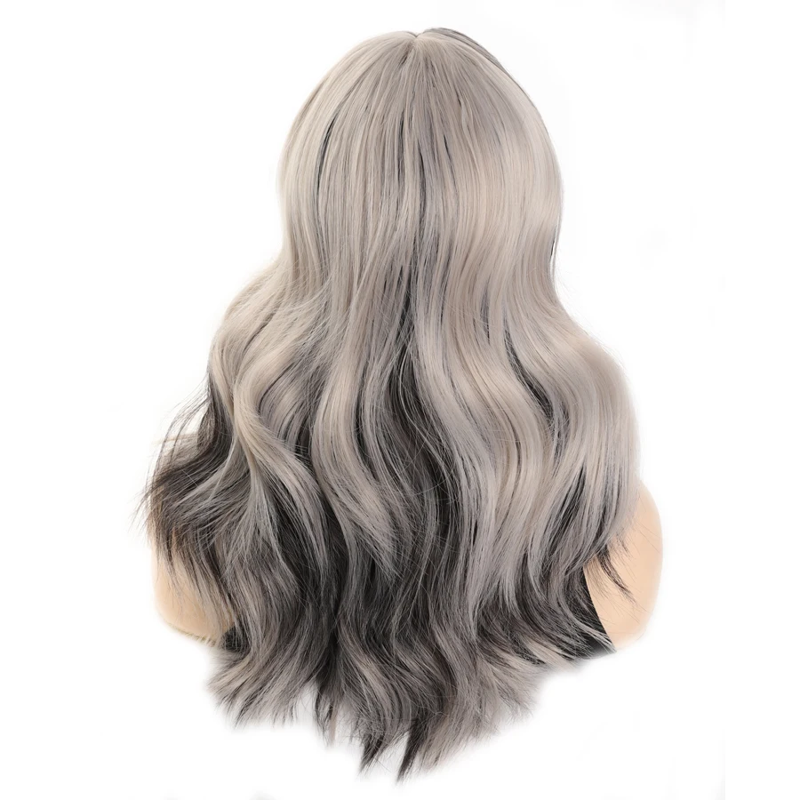 Synthetic medium Mixedblack gray wig with bangs water wave wig  cosplay Halloween wig Heat Resistant Fiber Natural Fake Hair