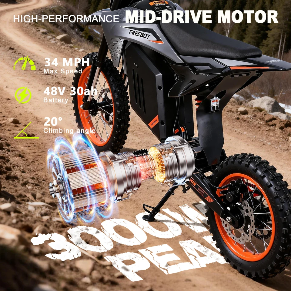 Freeboy Y88 Electric Bicycle Peak 3000W Mid-Drive Motor 48V30Ah Battery Motorcycle E-Bike,14/12" Tire Off-Road Electric Motorbike image 6