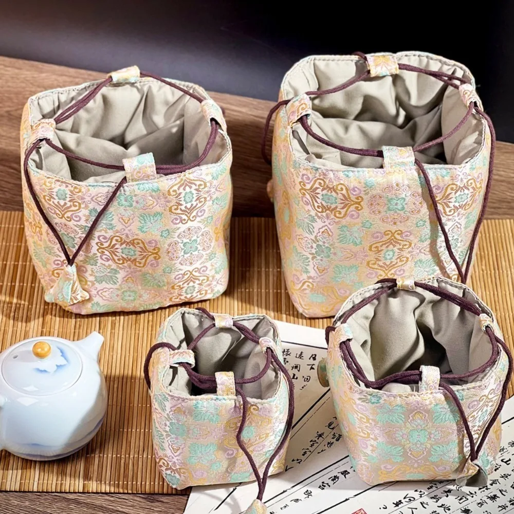 Chinese Style Tea Set Organizer Bag Tea Ceremony Accessories Breakage-proof Brocade Bag Portable Embroidered Handbag Purse