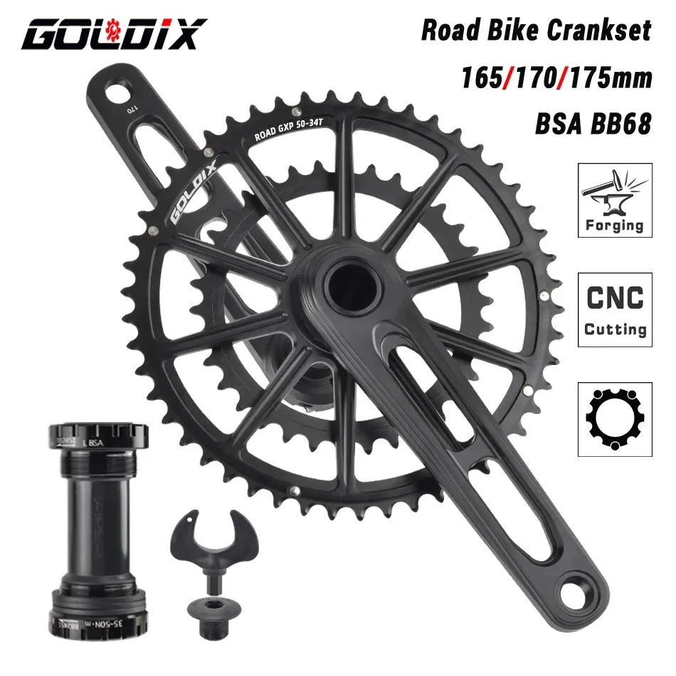 

GOLDIX Ultralight Road Bike Crankset 50-34T/52-36T/53-39T for 2X Double Chainring 165/170/175mm Length Hollow Bicycle Crank