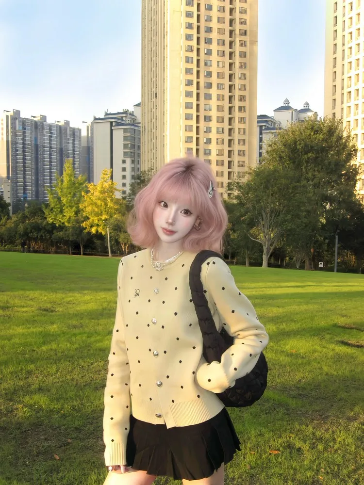 

Yellow Polka Dot Knitted Sweater Cardigan Women's Design Sensation Lazy Sle Versatile Outerwear Top Early Spring Season