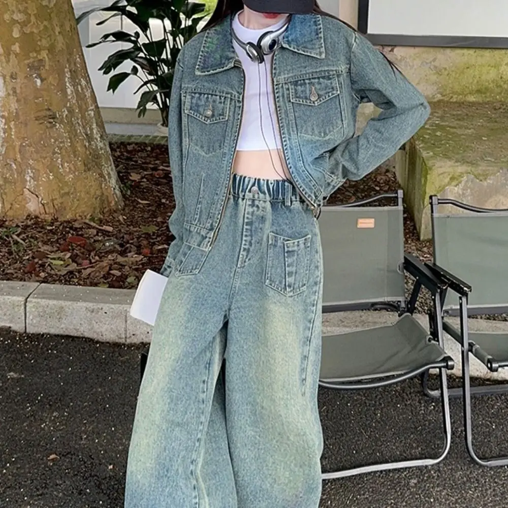 

Two Pieces Set Y2K Children Cowboy Set Wide Leg Pants Teens Jeans Jacket Suit Retro Loose Girls Clothes Set