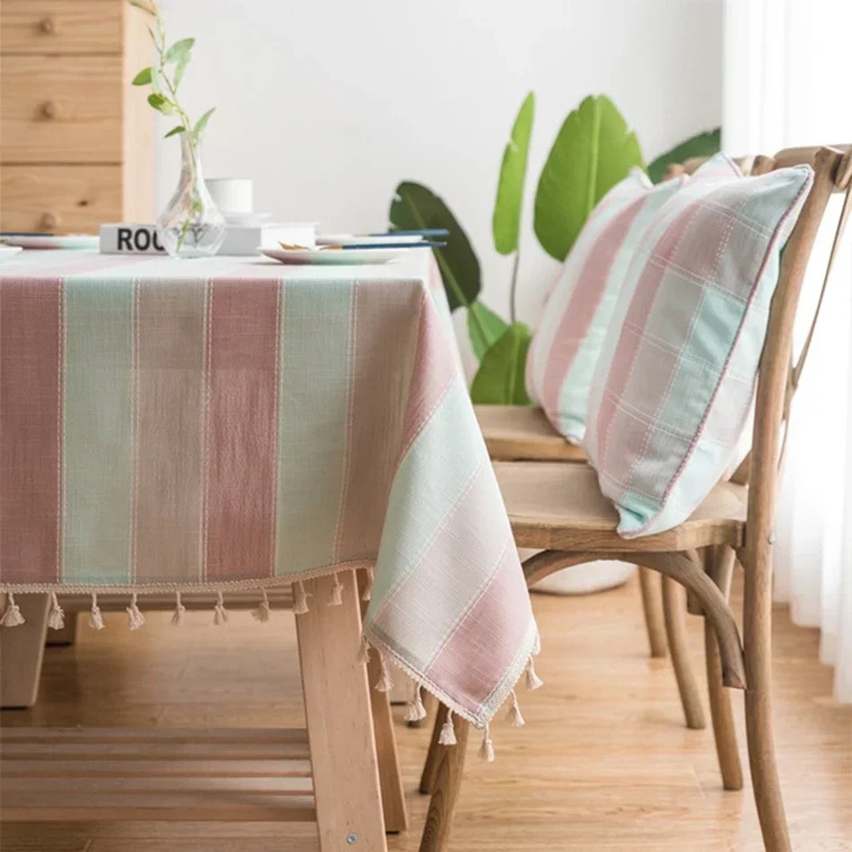 

Cotton Linen Tablecloth,Multiple Color Stripe Tassels Rectangle Dust-Proof Table Cover,For Dinning Party Tea Table Decoration