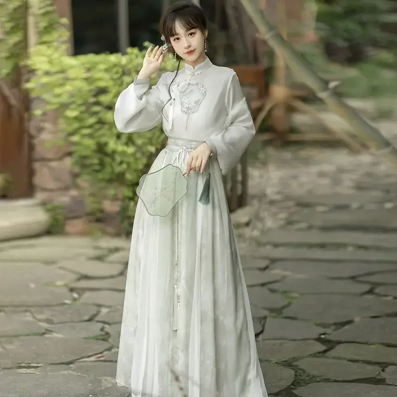 Improved Modern Fan Embroidered Long Sleeved Hanfu Top Skirt Women 2023 Autumn High Quality Elegant Tea Clothes Vestido Oriental