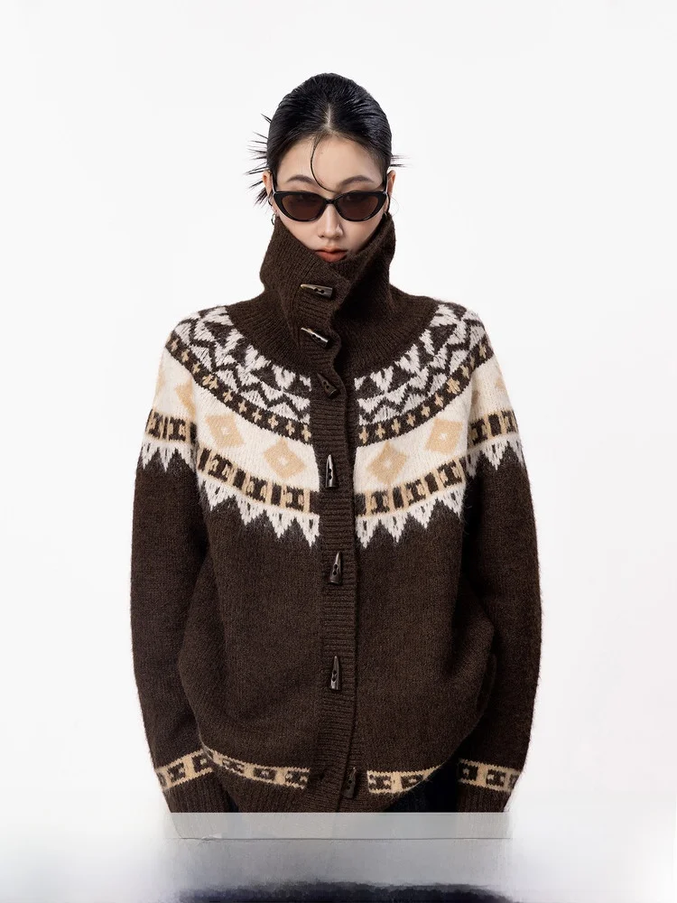 

Loose High Collar Fair Isle Knitted Cardigan Women's Spring New Style Casual Long Sleeve Sweater Jacket in Brown Color