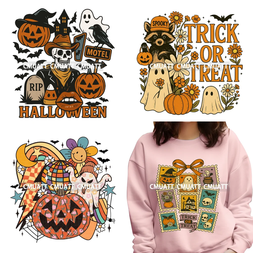 

Spooky Halloween Quotes Trick Or Treat Skeleton Hotel Ghost Iron on DTF Washable Transfers Stickers Ready to Press for Textile
