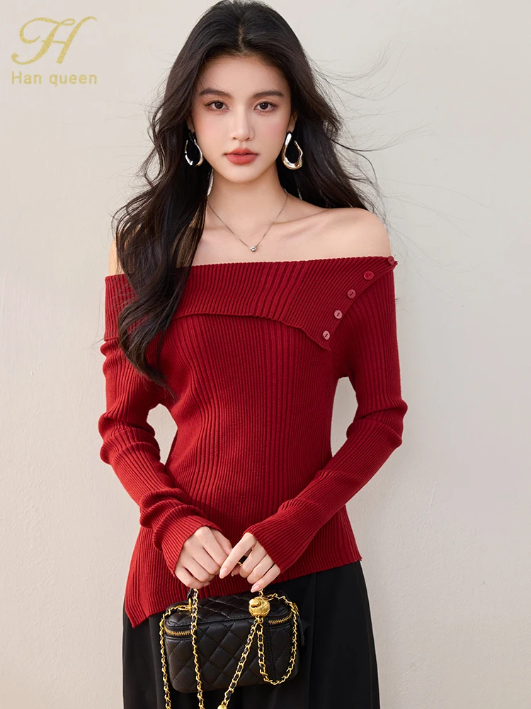 

H Han Queen Autumn Slash Neck Fashion Pullover Sweaters Korean Vintage Casual Tops Women's Sweater Basic Knitwear