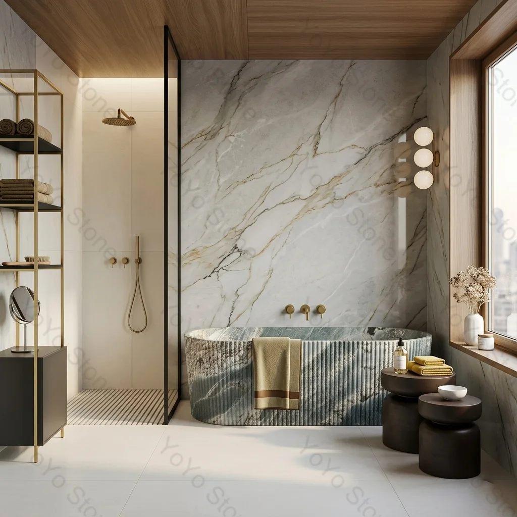 #￥Free Standing Fluted Design Marble Bathtub Unique Custom Size Soaking Garden Bathtub for Luxury Villa Hotel Application