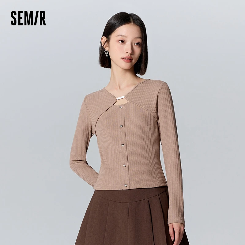 Semir Long-Sleeved T-Shirt Women Short Hollow Sweet 2023 Winter New Tight Knitted Sweater