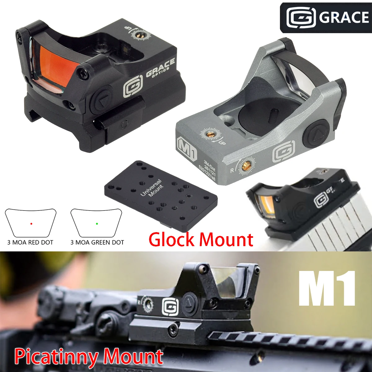 

M1 Topless Red Green Dot Reflex Sight 3 MOA Dot for Glock Pistol Rifle Hunting Sight W/ 20MM Picatinny Mount R*R Tactical Gear