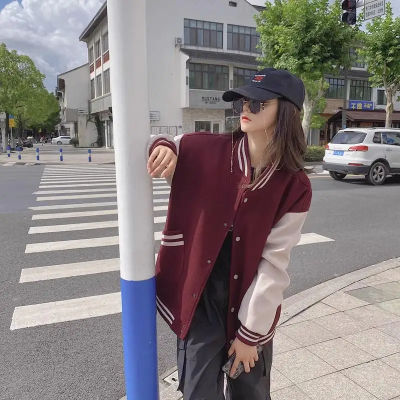 

New autumn and winter baseball jacket for women, casual splicing color blocked two pocket jacket jacket