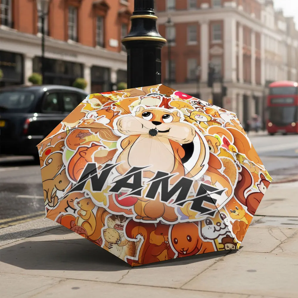 Custom Name umbrella, Cute Cartoon Squirrel Pattern Umbrella Design Fashion Folding Umbrella for Daily Use, Christmas Gift