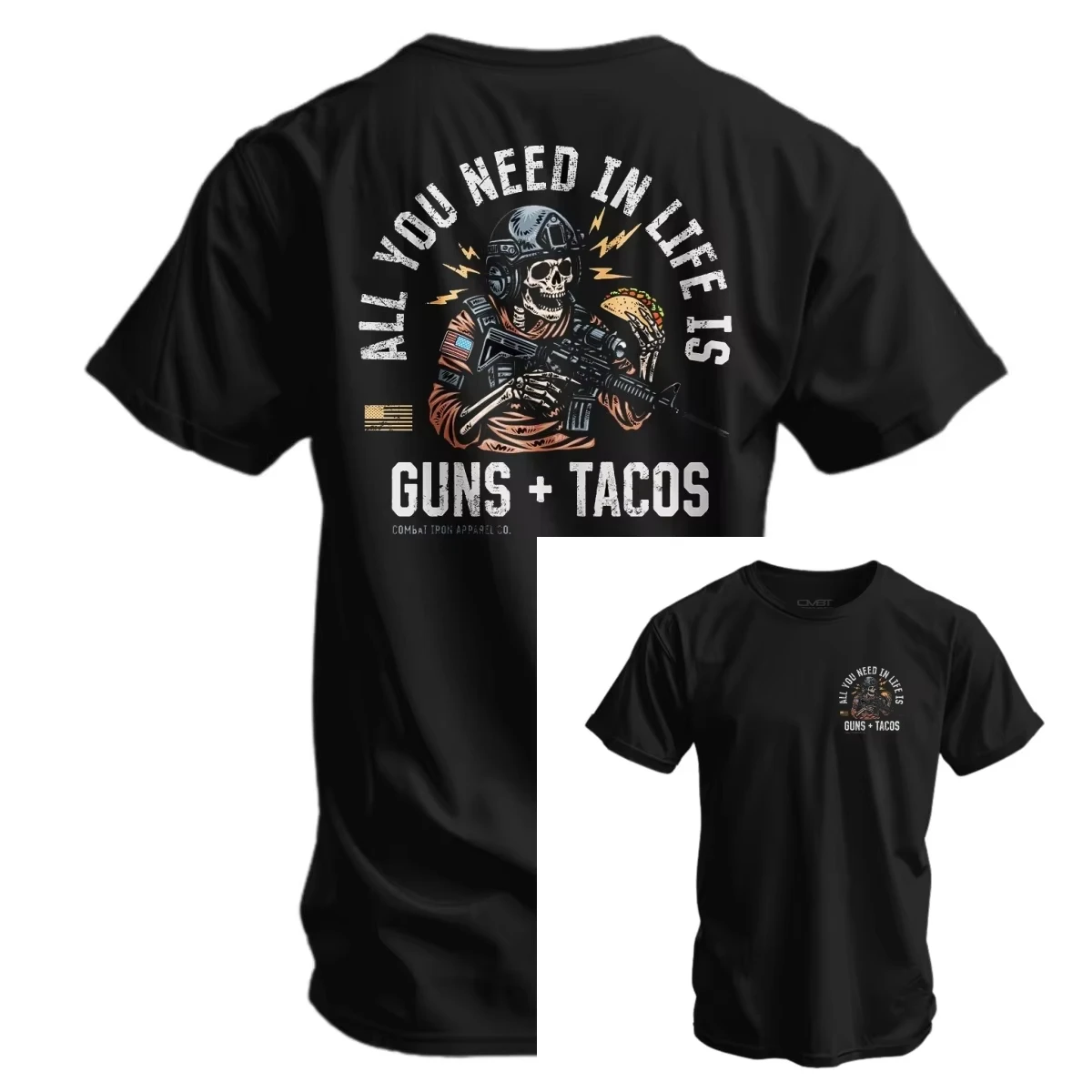 Guns and Tacos Skeleton Commando Motif American Flag Element Dual‑sided Printed Unisex T‑shirt