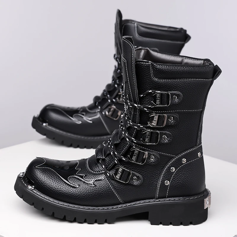 Men Motorcycle Combat Boots High Top Metal Buckle Rivet Decor Metal Toe Cap Thick Non‑Slip Sole Rock Punk Casual Male Footwear