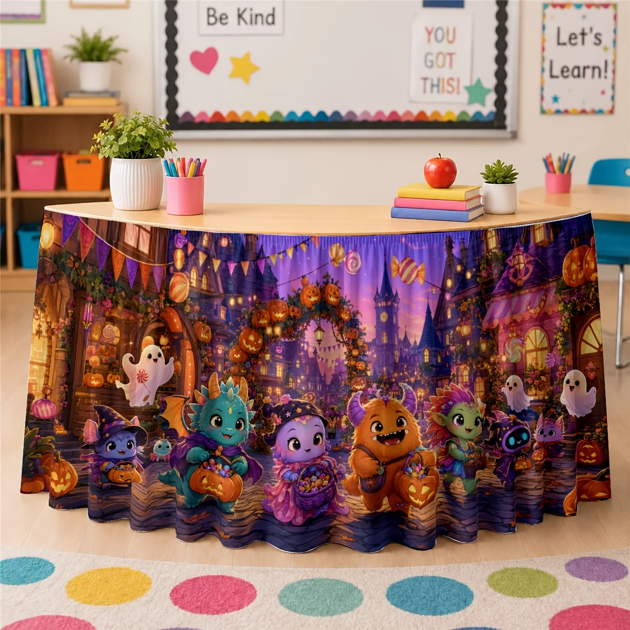 Halloween-themed table skirt with cartoon monsters and street scene decorations for a festive party. Party tablecloth.xzj