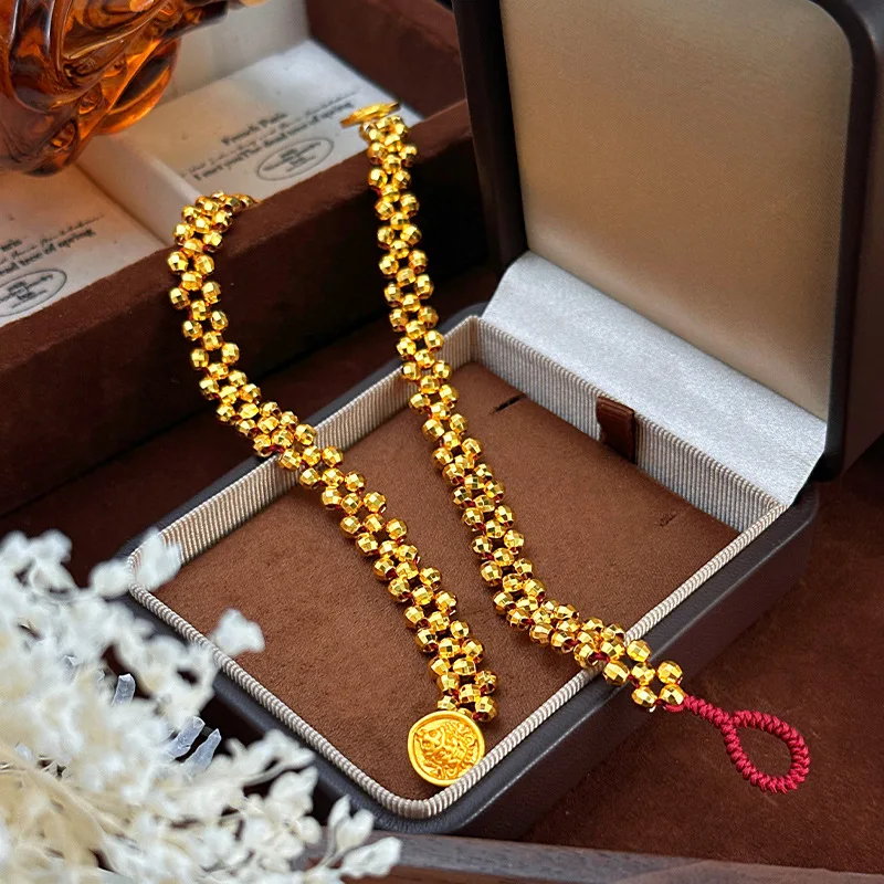 2026 New Chinese Style Sand Gold Ancient Craft Handwoven Red String Disco Beads Yellow God of Wealth Lace Bracelet Fashion Jewel