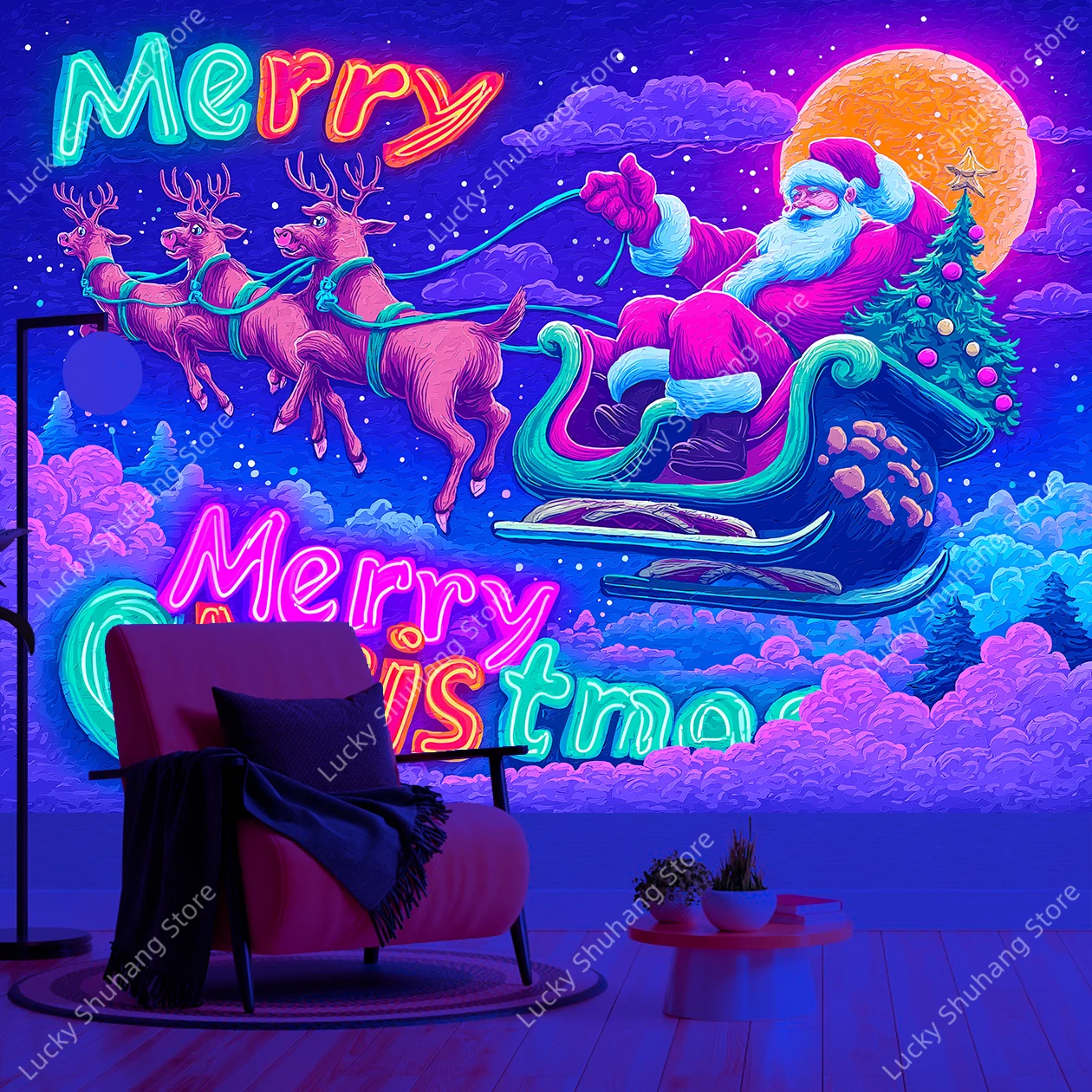 Jolly Santa Sleigh Ride UV Tapestry with Reindeer and Christmas Tree Under Starry Night Wall Hanging for Holiday Home Decor