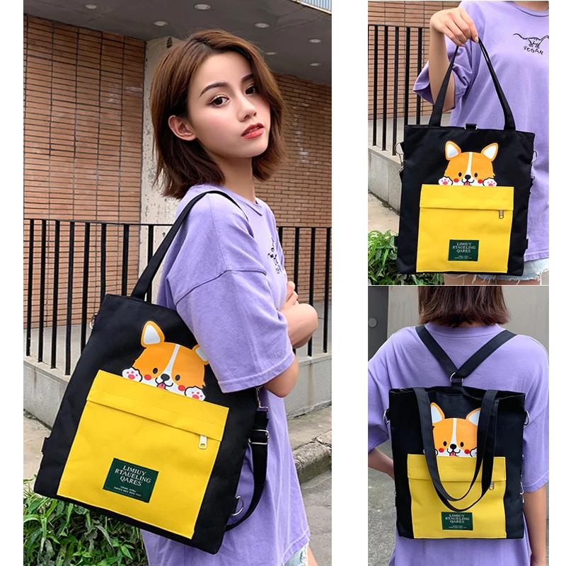 

3in1 Canvas Crossbody Cartoon Printed Large Capacity Shoulder Bags For Women Girl Students School Backpack Shopping Tote Handbag