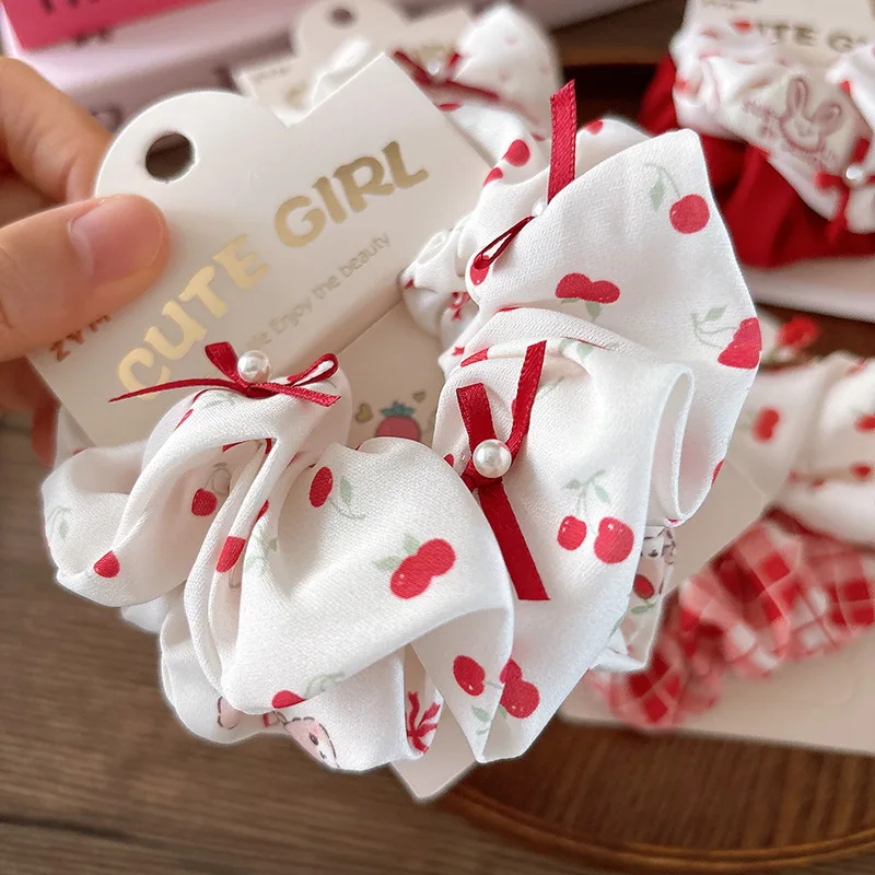 الحلو الأحمر Scrunchie 2 قطعة منقوشة النسيج القوس الشعر التعادل ل ذيل حصان عدم الانزلاق فقاعة الشعر التبعي الفتيات لطيف تنوعا