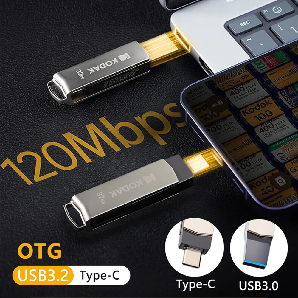 Kodak K273c Dual USB 3.2 Gen 1 Type-C Jump Drive USB-C Flash Drive Metal Swivel Design 32GB 64GB 128GB 256GB OTG Pen Drive