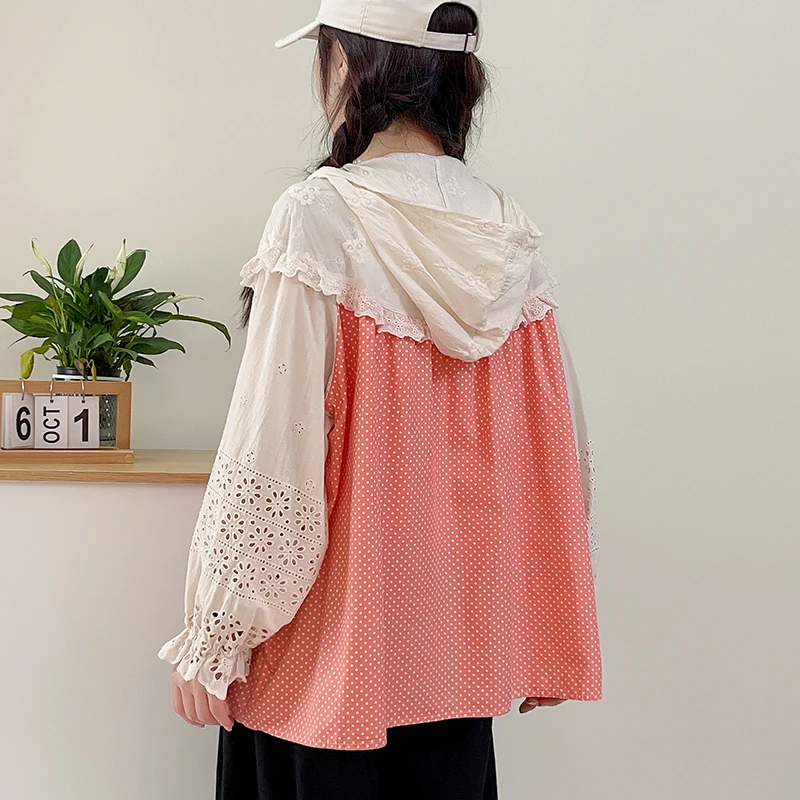Japanese Mori Girl Vintage Polka Dot Cartoon Girl Flower Embroidery 100% Cotton Hooded Shirts Women Spring Long Sleeve Blouse