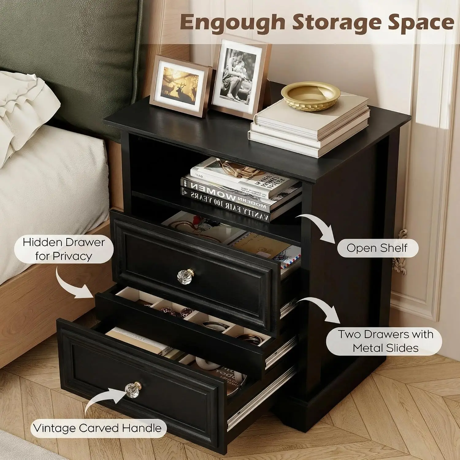 Farmhouse Nightstand Set of 2 with Hidden Drawer & Open Shelf, 25