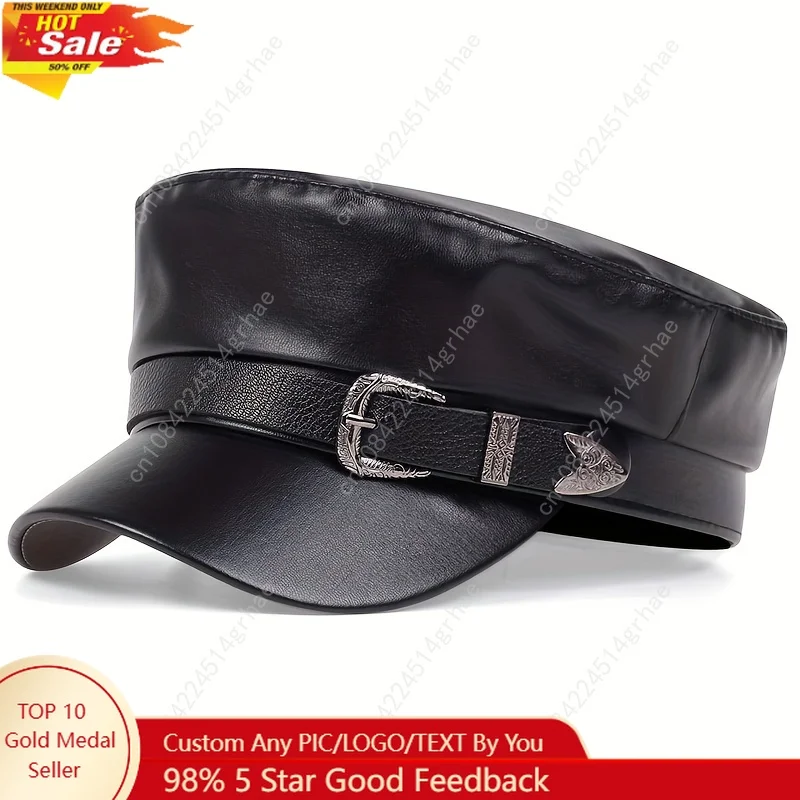 Women Large Belt Buckle Leather Hat Spring Autumn Sailor Hats Black Ladies Beret Cap Men Flat Top Captain Military Caps