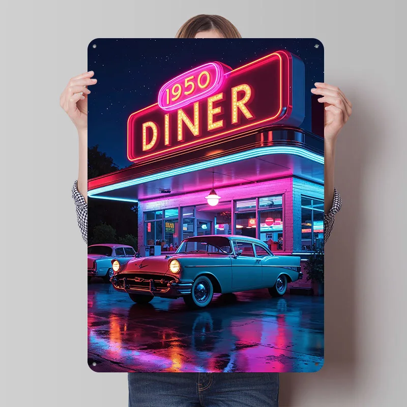 Neon Night Diner Printed Poster Customized Wall Art Retro Vintage Metal Tin Signs for Garage Coffee Bar Accessories Man Cave