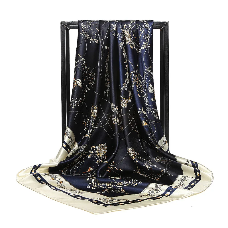 Grand Foulard carré en soie pour femmes, 90x90cm, élégant, de marque de luxe, châles, écharpe en sergé, Hijab en Satin