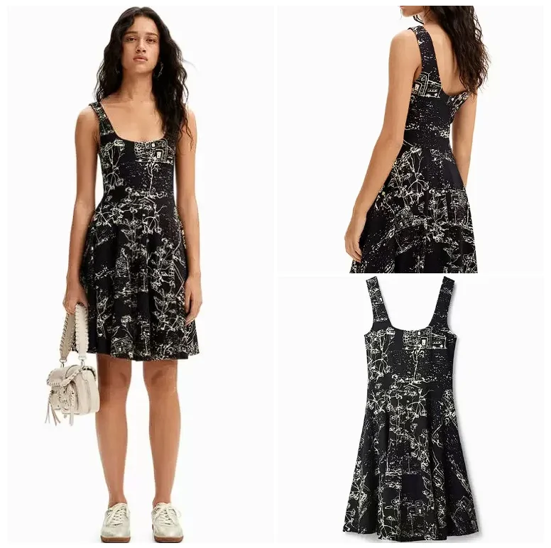 

European and American Spain Original 2025 Spring New Dress Printed Elastic Tank Top Design Short Horn Strap Skirt