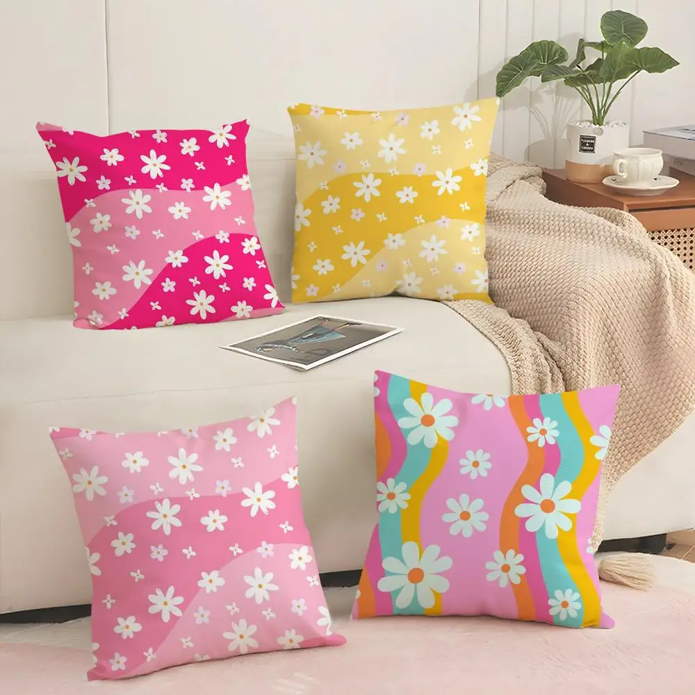 Colorful Daisies Cushion Cover Breathable Linen Pillow Cover Skin-Friendly Home Decor Pillowcase with Hidden Zipper