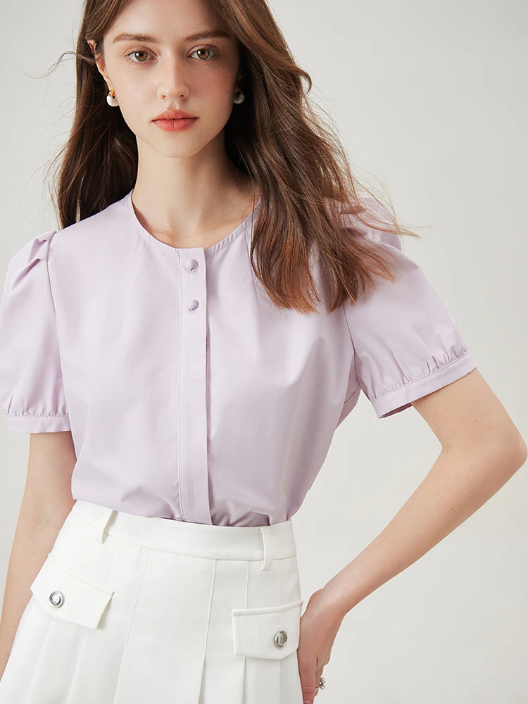 FSLE-Chemisier à manches courtes et col rond pour femme, blouse bouffante en coton, simple boutonnage, blanc, été, Y-24FS12946