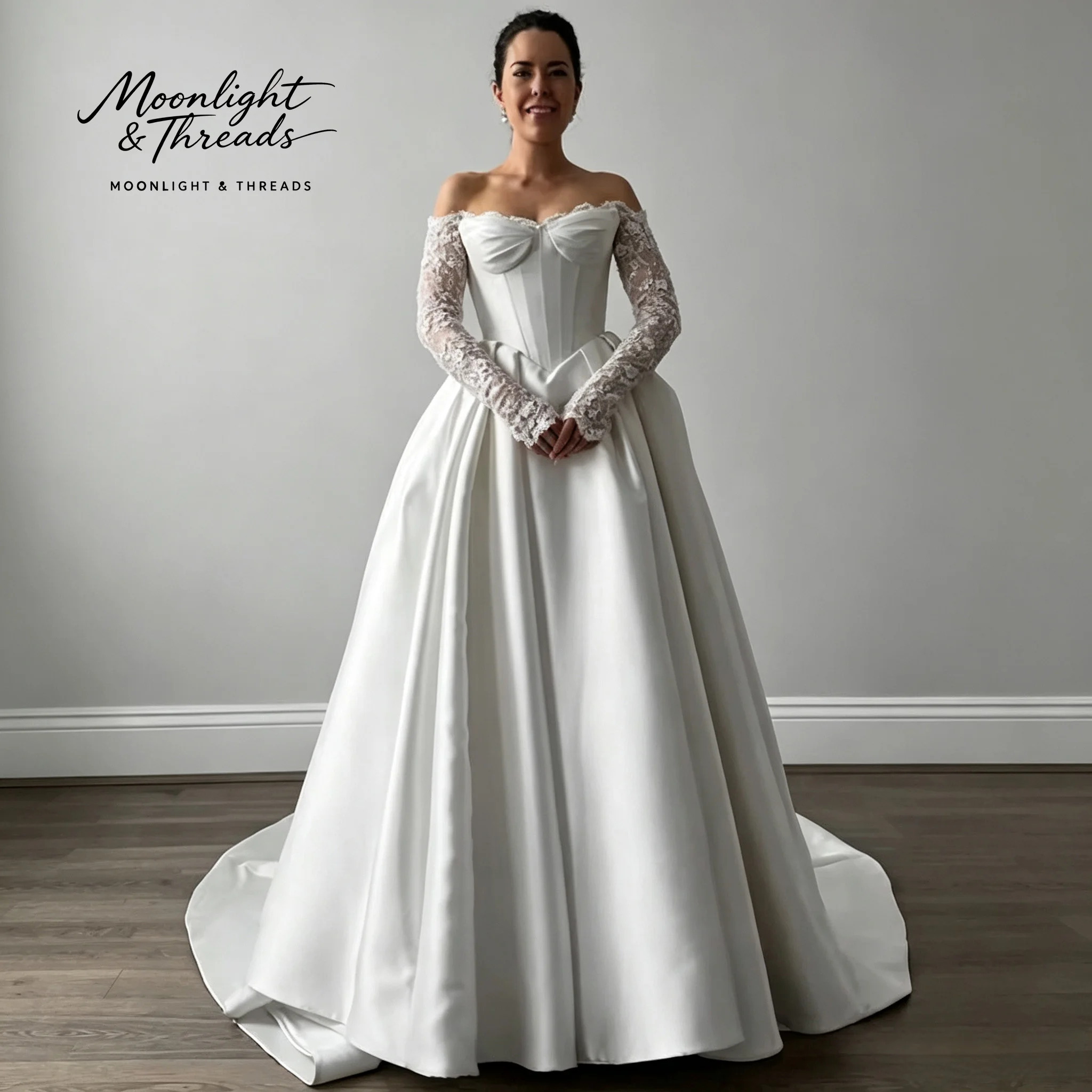 Off‑The‑Shoulder Satin Wedding Dress Detachable Lace Long Sleeve Ball Gown High Slit Chapel Train Bridal Gown 2