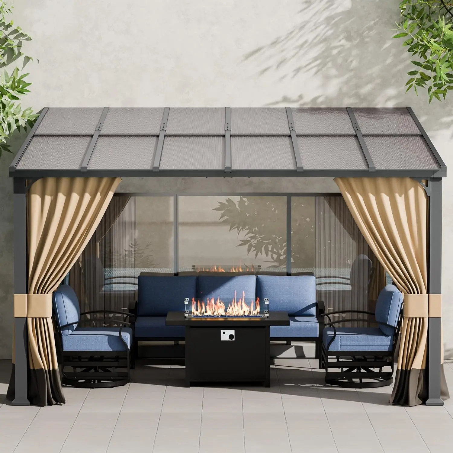 

Уличная пергола с жесткой крышей 10'x12', пристенная беседка с занавесками и москитной сеткой, из оцинкованного металла, на заказ