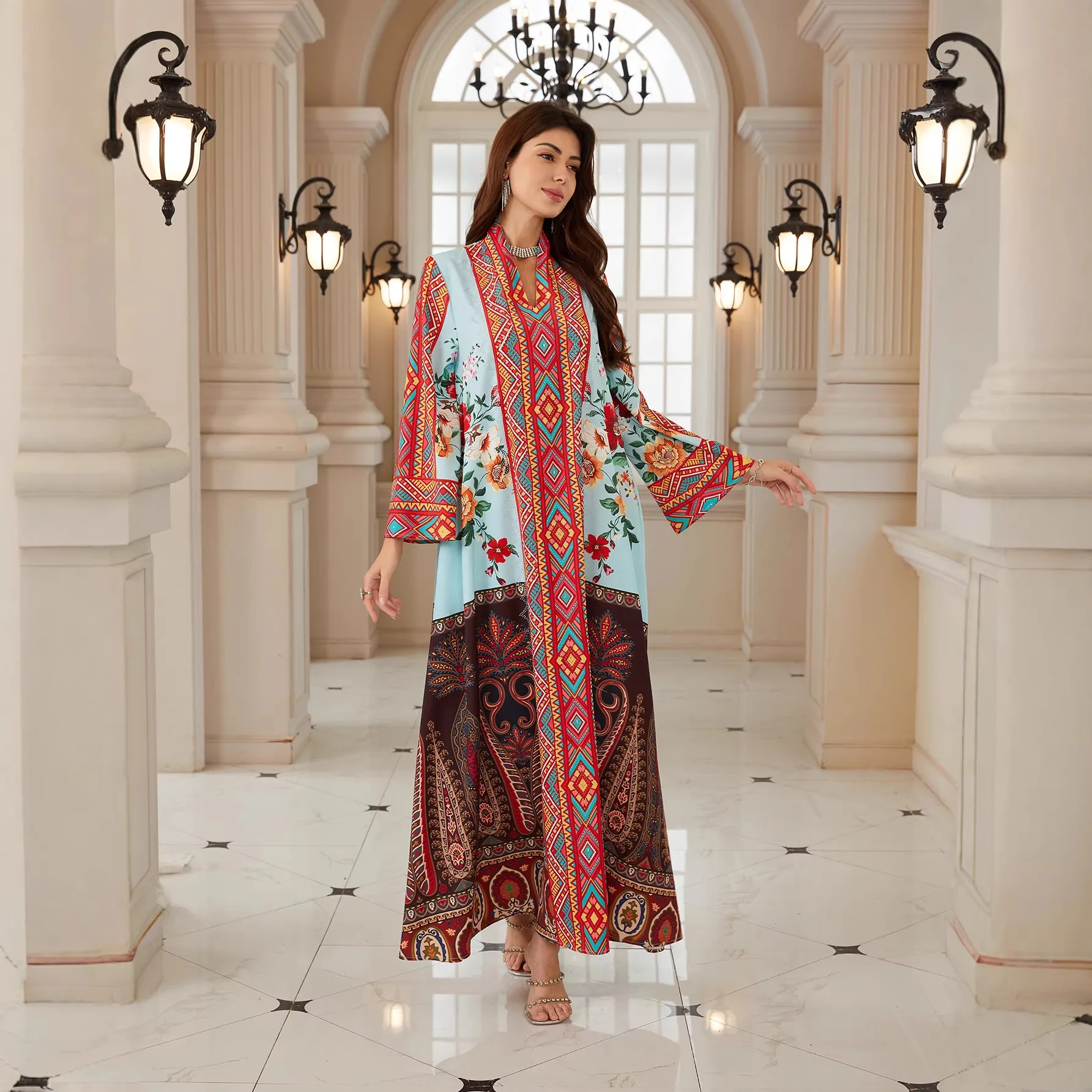

Eid Muslim Women Dress V Neck Dresses Floral Print Robe Jalabiya Abaya Outfits Ramadan Dubai Kaftan Vestidos Elegant Arab 2026